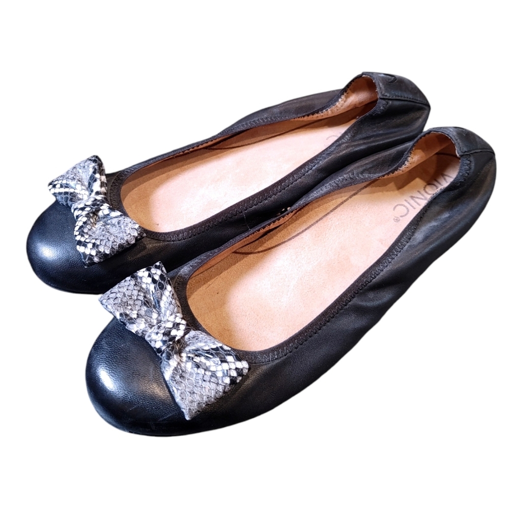 Vionic Black Leather Snakeskin Bow Slip On Ballet Flats Womens Size 9 - Picture 2 of 8